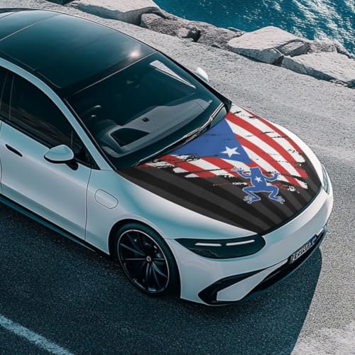 Image of Puerto Rico Flag Coqui Frog Print Car Hood Cover Protector for SUV Sedans Trucks 59x39 Inch Stretchable Car Hood Wrap Blankets Waterproof Sun Proof Auto Patriotic Decorations