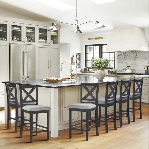 Image of COLAMY Upholstered Counter Height Bar Stools Set of 6, Modern Kitchen Island Barstools Chairs with Cross Back and Wood Legs for Dining Room Bar, Dark Grey