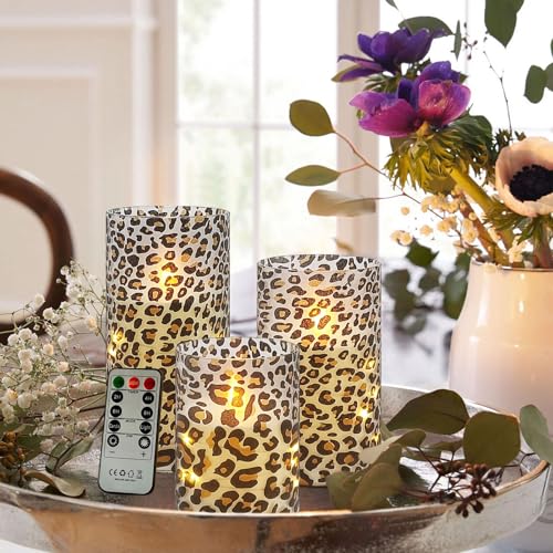 Image of Flickering Flameless Candles, Recessed String Light LED Candles 3D Wick Acrylic Battery Operated LED Pillar Candles with Remote and Timer for Modern Simple Home Decor Set of 3(Leopard)