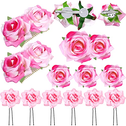 Waydress 12 Pieces Rose Flower Hair Clip Rose Brooch Floral Clips Mexican Flower Hair Pins Accessories for Women Mother's Day Gifts Flamenco Dancer Bridal Wedding Party Supplies