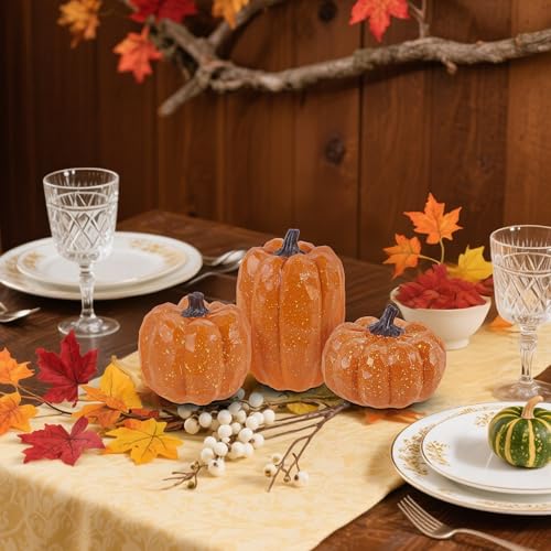 Image of winemana Pumpkins Fall Decor Set of 3, Orange | Artificial Resin, Farmhouse Style, Thanksgiving Table Centerpiece, For Home Mantel Porch Office, Autumn Harvest Decorations