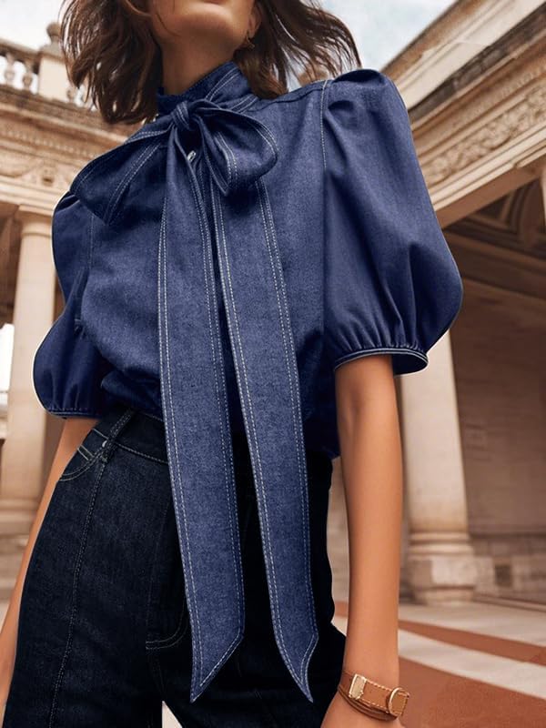 oshoplive Women's Short Puff Sleeve Bow Tie Neck Denim Shirt Button Down Casual Office Work Blouse Tops - Image 2