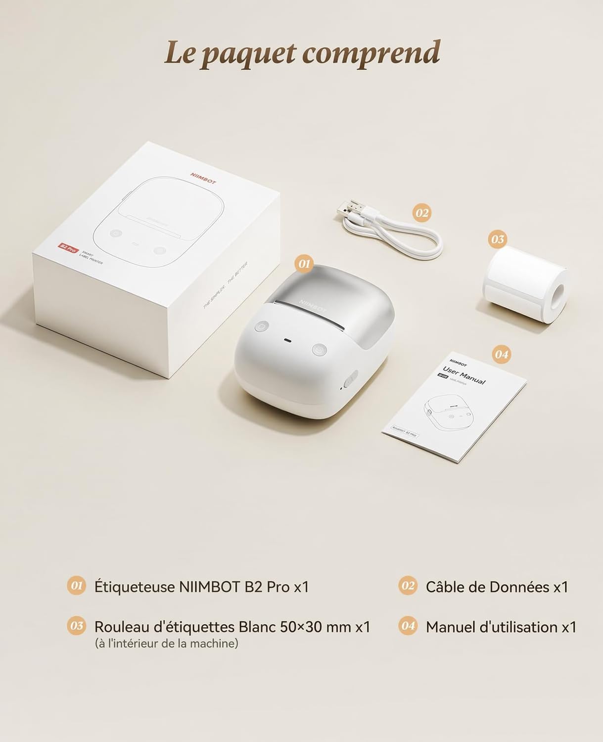 NIIMBOT B2Pro Étiqueteuse 300 DPI, imprimante d'étiquettes Autocollantes, Connexion Bluetooth pour téléphone et PC, avec 1 Rouleau d'étiquettes pour la Maison,Cuisine, Le Bureau, l'école
