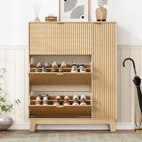 Image of Shoe Cabinet Storage for Entryway with 3 Flip Drawers & Side Cabinet, Fluted Narrow Shoe Organizer with Wooden Leg, Freestanding Shoe Storage Hidden Shoe Rack Organizer for Front Door Entrance, Oak