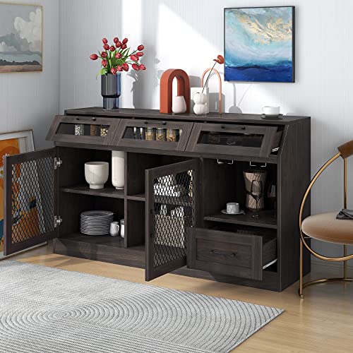 P Purlove Modern Farmhouse Buffet Cabinet With Storage, Sideboard Buffet Kitchen Storage Cabinet With 4 Drawers And Adjustable Shelves, Mesh Metal Doors And Wineglass Holders #TOP2