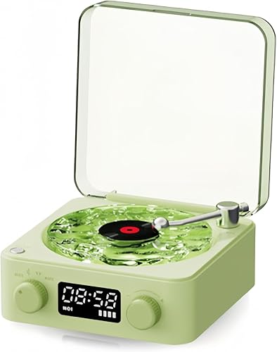 Tocadiscos 3 en 1, tocadiscos vintage, altavoz Bluetooth con calidad de sonido estéreo, luz nocturna, pantalla de hora y batería (verde)