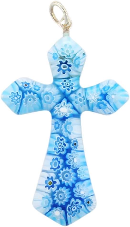 Glass Of Venice Murano Glass Tender Blue Millefiori Elegant Cross Pendant