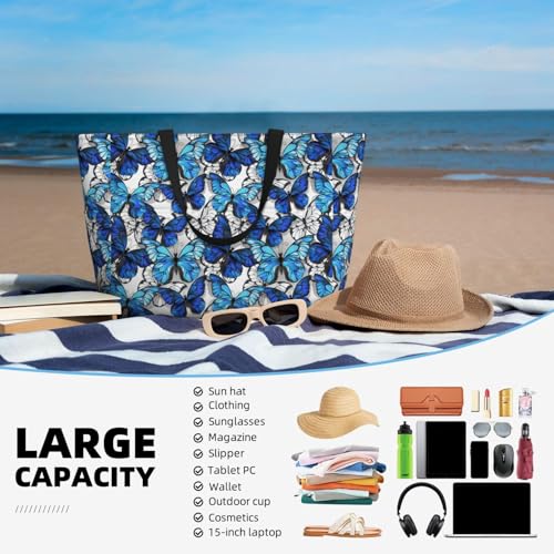Large Beach Bags Water-resistant Sandproof - Blue and White Butterflies Cute Beach Tote Bags for Women with Zipper4