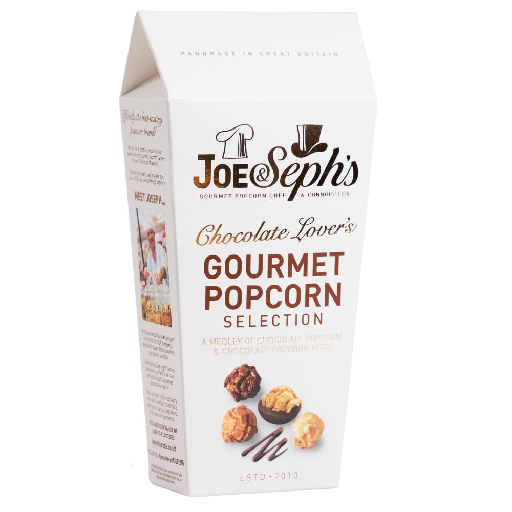 Joe & Seph's Chocolate Lovers Gourmet Popcorn Selection Box | 105g of Handcrafted Caramel, White & Belgian Chocolate Popcorn