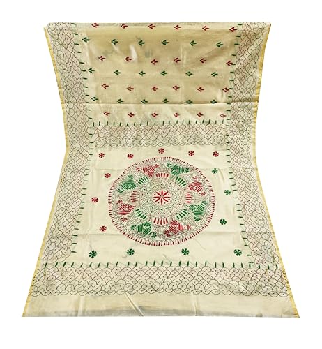 Image of SHRISTI CLOTHINGS Women's Hand Embroidered Cotton Silk Kantha Stitch Saree with Blouse Piece (J420724 LIGHTGOLDEN)