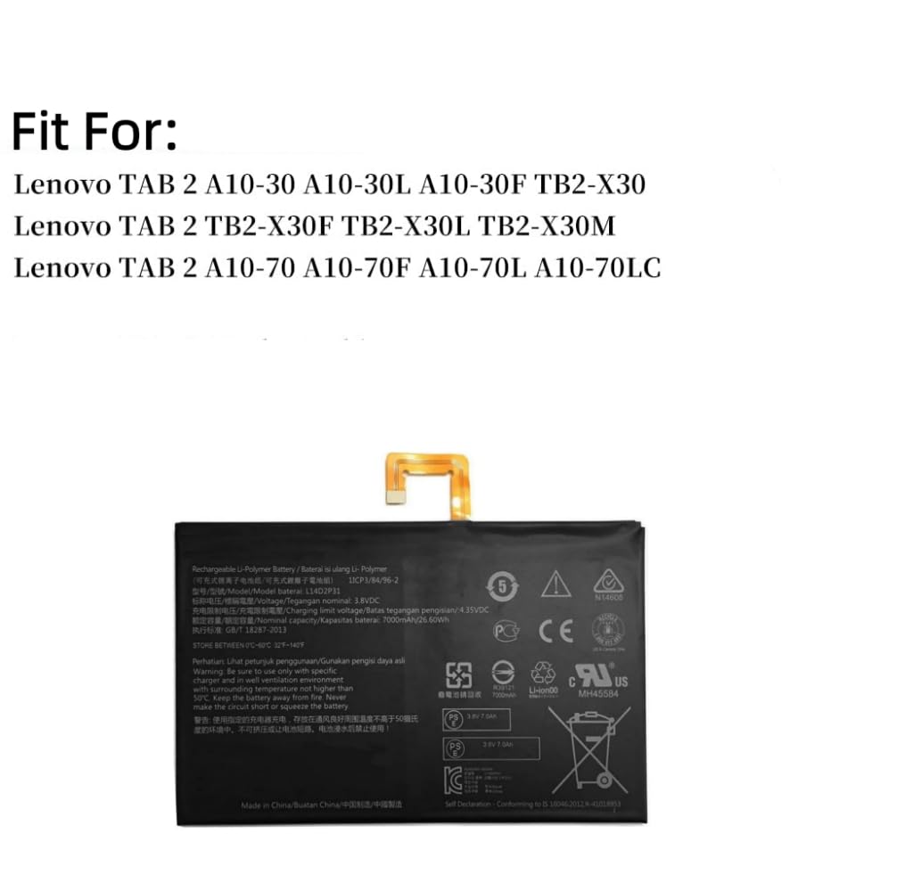 L14D2P31 Batterie pour tablette Lenovo Tab 2 A7600-F A10-70F A10-70 A10-70L A10-70LC A10-30 A10-30L A10-30F TB2-X30 TB2-X30F TB2-X30F 0 l TB2. X30M 3,8 V 7000 mAh 26,6 Wh avec outils