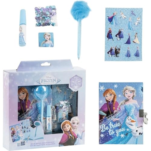 Conjunto de papelaria Frozen diário com cadeado, caneta decorada, batom, autocolantes, anel e acessórios mágicos: diário Frozen ideal como presente infantil com tema de Elsa, Anna e Olaf