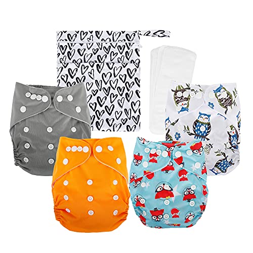 Newborn Cloth Diaper Reusable Adjustable Washable One Size Baby Swim Diapers Baby Girls and Boys Pocket Cloth Diapers Covers Includes 4 Packs Diapers + 4 Incerts +One Wet Bag