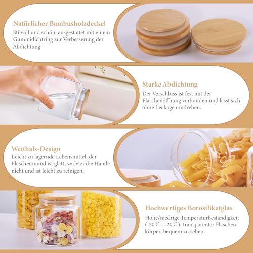 INCETUE Vorratsdosen Glas mit Deckel, 480ML Vorratsgläser mit Luftdicht Bambusdeckel, Deko Küche Glasbehälter für Müsli, Pasta, Nudeln, Mehl, Kaffeebohnen, Overnight Oats - Klein
