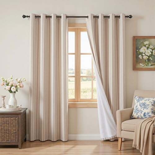 Image of MYSKY HOME Taupe Striped Curtains 100% Blackout Tan Stripe Patterned 96 Inches Long Farmhouse Rustic Linen Blend Double Layer Drapes for Bedroom Living Room, Grommet, 2 Panels, 52 inch Wide