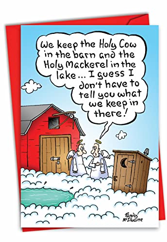 NobleWorks - 1 Funny Merry Christmas Greeting Card (4.63 x 6.75 Inch) Cartoon Xmas Stationery Notecard - Holy Mackerel 1893