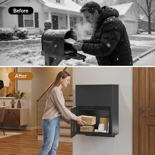 Image of Large in-Fence Parcel Drop Box - Easy Assembly Through-the-Wall Package Delivery Box with Rear Access Door - Anti-Theft Locking Mailbox for Packages and Mail (Sleek Black Steel)