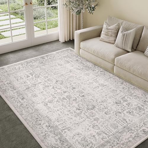 Gray Area Rug 6x9 Machine Washable Vintage Living Room Distressed Non Slip Carpet Traditional Indoor Bedroom Grey Retro Floral Accent Throw Large Rug for Office Kitchen Dining Room