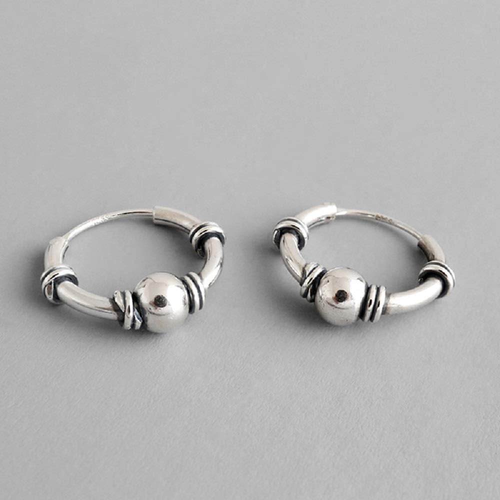 Bali Ball Bead Vintage s925 Steling Silver Endless Round Small Hoop Earrings for Women Men Fashion Huggie Hoops Hypoallergenic Pierced Jewelry Gifts 15mm