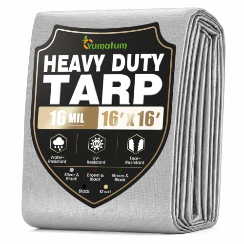 Yumatum 16 Mil 16x16 FT Heavy Duty Waterproof Tarps for Outdoor, Silver
