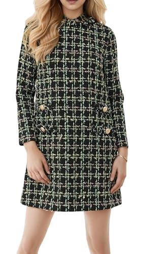 LifeShe Women's Long Sleeve Tweed Mini Dress Business Work Short Dress Elegant Cute Party Dresses Dark Green