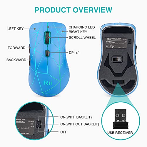 Rii Rm500 Wireless Mouse,2.4G Optical Mice,Rechargeable Mouse With Backlit,3 Adjustable Dpi,For Pc Laptop,Compatible With Windows Mac(Blue) #TOP3