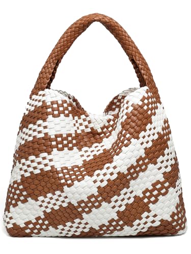 Image of Woven Tote Bag for Women, Fashion Woven Bags for Women Vegan Leather Shoulder Handbags Large Summer Beach Travel Bag