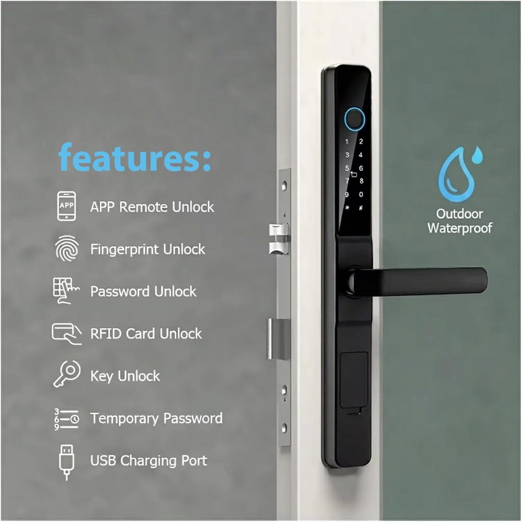 Smart Door Lock with Handle, 5-in-1 Keyless Entry for Aluminum & Wooden Doors, Fingerprint, TTLock App Control, Digital Keypad, IC Card Access, Waterproof, Built-in Doorbell (Aluminum, Deadbolt) image 2