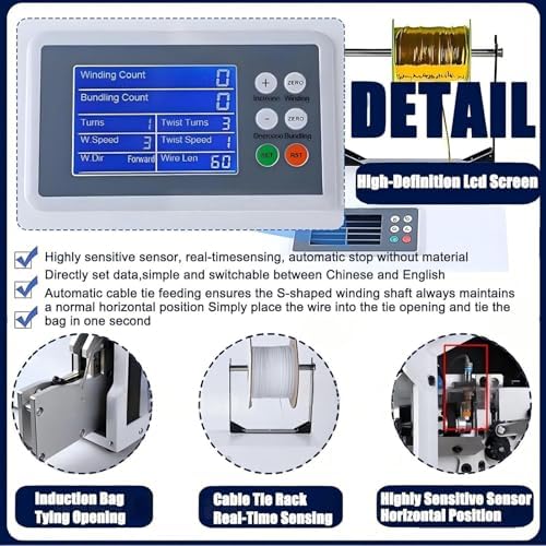 Automatic Bag Closure Machine, Stainless Steel Bundling Equipment with Adjustable 0.19-1.18in, 4.3" Display, Includes 1 Roll Metallic Wire, Language Switch for Easy Use