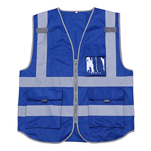 iiniim Unisex High Visibility Safety Vest with Reflective Stripes, 4 Pockets and Zipper Blue XXL