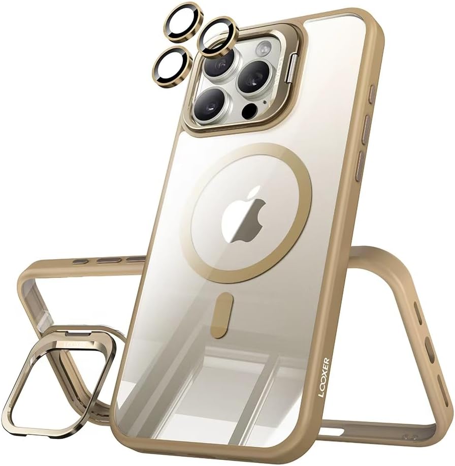 LOOXER® Vanguard Clear Case for iPhone 16 Pro (6.3”) | Built-in Camera Lens Stand, Crystal-Clear Military-Grade Drop Protection MagSafe Cover + Premium Screen Protector Included (Brown, 16 Pro)