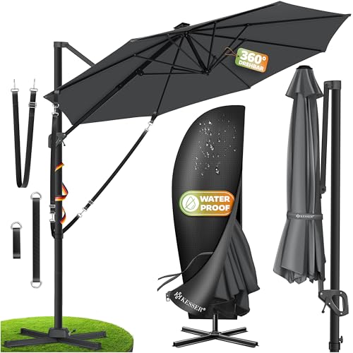 KESSER® Sonnenschirm Ampelschirm SUN XL 300 x 300 cm Inkl. Abdeckung +Windsicherung Drehbar Neigbar Kippbar Marktschirm Groß 360° Rotation, Gartenschirm mit Kurbel Sonnenschutz UV50+, Anthrazit