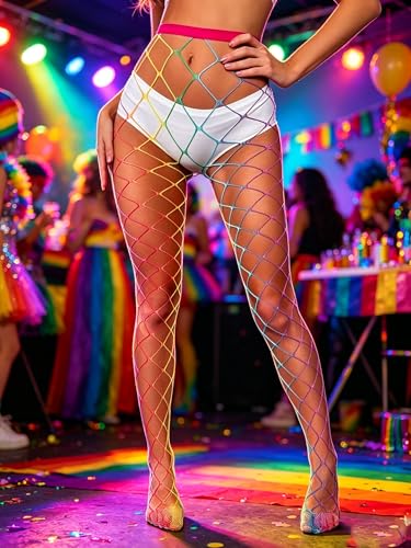Image of NUMJAW Rainbow Fishnets Tights Pride Outfits for Women Pride Fishnet Tights Stockings LGBT High Waist Leggings Hosiery