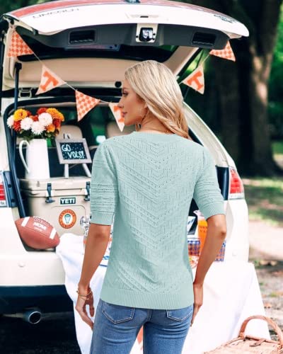 Image of Womens Puff Short Sleeve Sweater Summer Crew Neck Ribbed Knit Pullover Tops