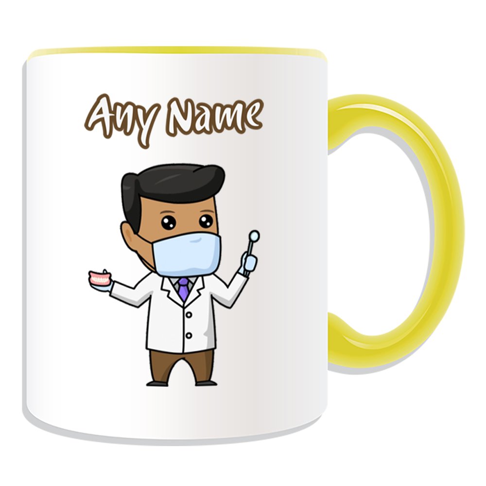 Unigift Men's Yellow Personalised Gift - Dentist Black Mug (Career Design Theme, Colour Options) - Any Name/Message On Your Unique - Medical Mask Dental Tool White Lab Coat Tooth Practice Asian Occupation