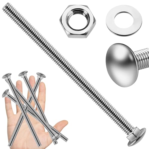 Image of (4 Sets) 3 /8-16 x 6 Carriage Bolts with Nuts and Washers, 304 Stainless Steel Round Head Square Neck 3 /8 Carriage Bolts Screws, Full Thread for Outdoor