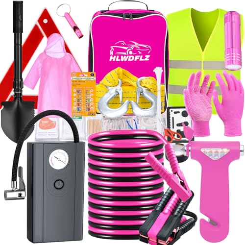 HLWDFLZ Car Roadside Emergency Kit Vehicle Truck Safety Emergency Road Side Assistance Kits with Jumper Cables Pink