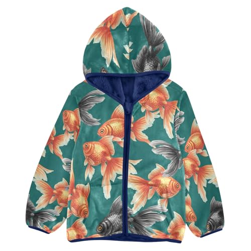 Fish Pattern on Fabric Toddler Fleece Jacket Girl Boys Hooded Fleece Jacket Coat Warm Outwear Zip-up 3-10T