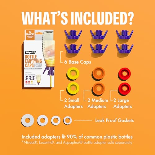 Image of Flip-It! Bottle Emptying Kit - 6 Bottle Pack - No more wasted product - Fits most plastic bottles - 6 Base Caps, 6 Adapters - Bright Color Edition (Pack of 3)