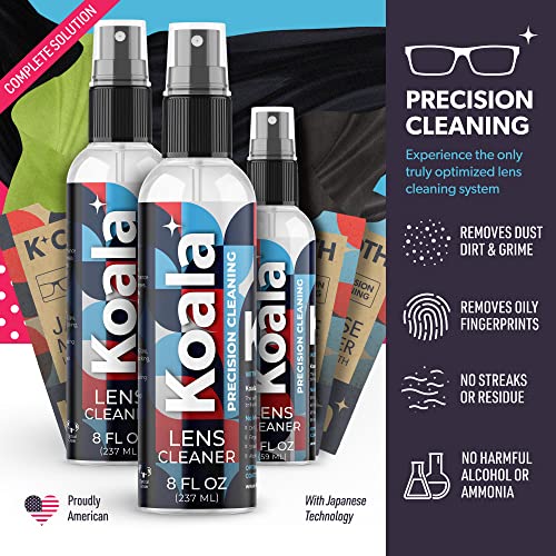 Koala Eyeglass Lens Cleaner Spray Kit | American Made | 18 Ounces + 3 Koala Cloths | Streak and Alcohol Free | Carefully Engineered Glasses Cleaner | Safe for All Lenses