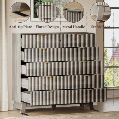 Image of BORNOON 46 inch Tall Dresser for Bedroom, 10-Drawer Fluted Chest of Drawers, Modern Wood Highboy with Metal Slides and Handles, Anti-Tip Kit, Vertical Clothes Storage Organizer for Apartment, Closet