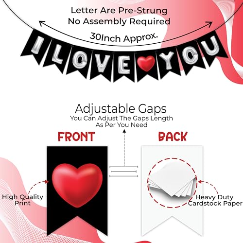 Image of Wobbox Black & White Balloon Text inchI Love You inch Bunting Banner for Anniversary, Pre-Wedding & Wedding, Love Banner for Decoration
