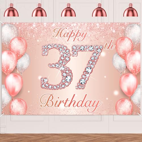 Image of Happy 37th Birthday Rose Gold Banner Cheers to 37 Years Old Backdrop Confetti Balloons Theme Decor for Women 37 Years Old Pink Birthday Party Decorations Bday Supplies Background Favors Gift Glitter