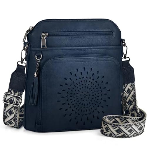 RAINSMORE Cross Body Bag Women Soft PU Leather Trendy Handbags & Shoulder Bag Adjustable Wide Straps Spacious Organised Purse for Daily Use Commute & Travel Blue