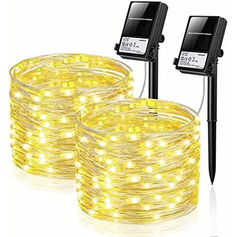 Koopower 2X 100 LEDs Solar Fairy Lights with Extra AA Battery for Consistent Power on Overcast Days, 10m Waterproof Silver Wire, 8 Modes, Warm White for Christmas, Patio, Wedding, Yard Cover