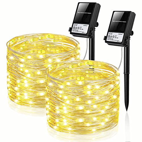 koopower Guirnalda de luces solares y pilas, alambre plateado, blanco cálido, cobre, Daul Powered Solar Fairy Lights, 2 Pack