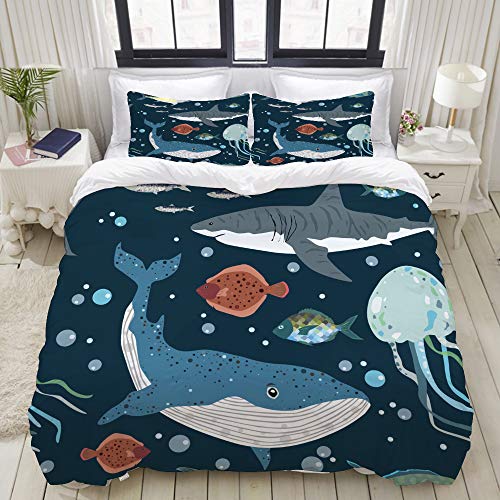 ALLMILL Bedding Bedrucktes Bettbezug-Sets,Nahtlose Muster Shark Wale Fisch Qualle,Mikrofaser Kinder Student Schlafsaal Bettwäsche Set (1 Bettbezug + 2 Kissenbezüge)