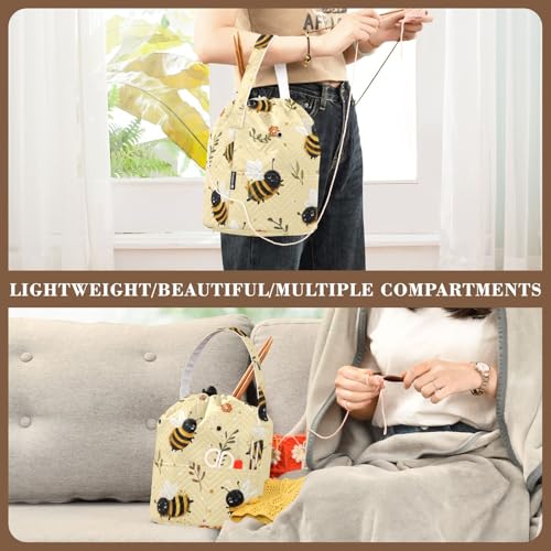 Image of Tatenale Crochet Bag Yarn Bag Knitting Project Bag with Pockets and Handle Portable Yarn Storage Organizer Tangle Free 8.3x11 InchLight Yellow Bees Flowers Dots24