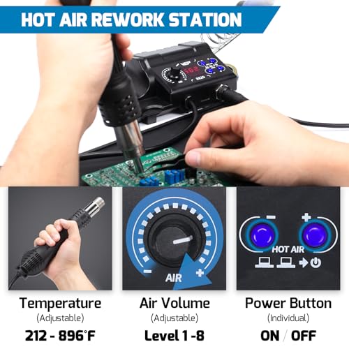 WEP 882D Soldering Iron Station 2-IN-1 SMD Hot Air Rework Station with 2 Spools of Solder Wire, 5 Soldering Tips, 3 Hot Air Nozzles, Brass Wool Tip Cleaner, Tweezers, Desoldering pump - Image 6