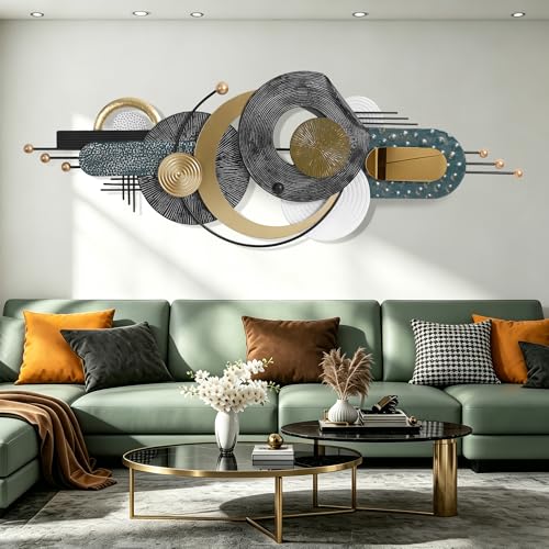 Art mural abstrait moderne en métal grand format 150x54cm décoration géométrique 3D fait main